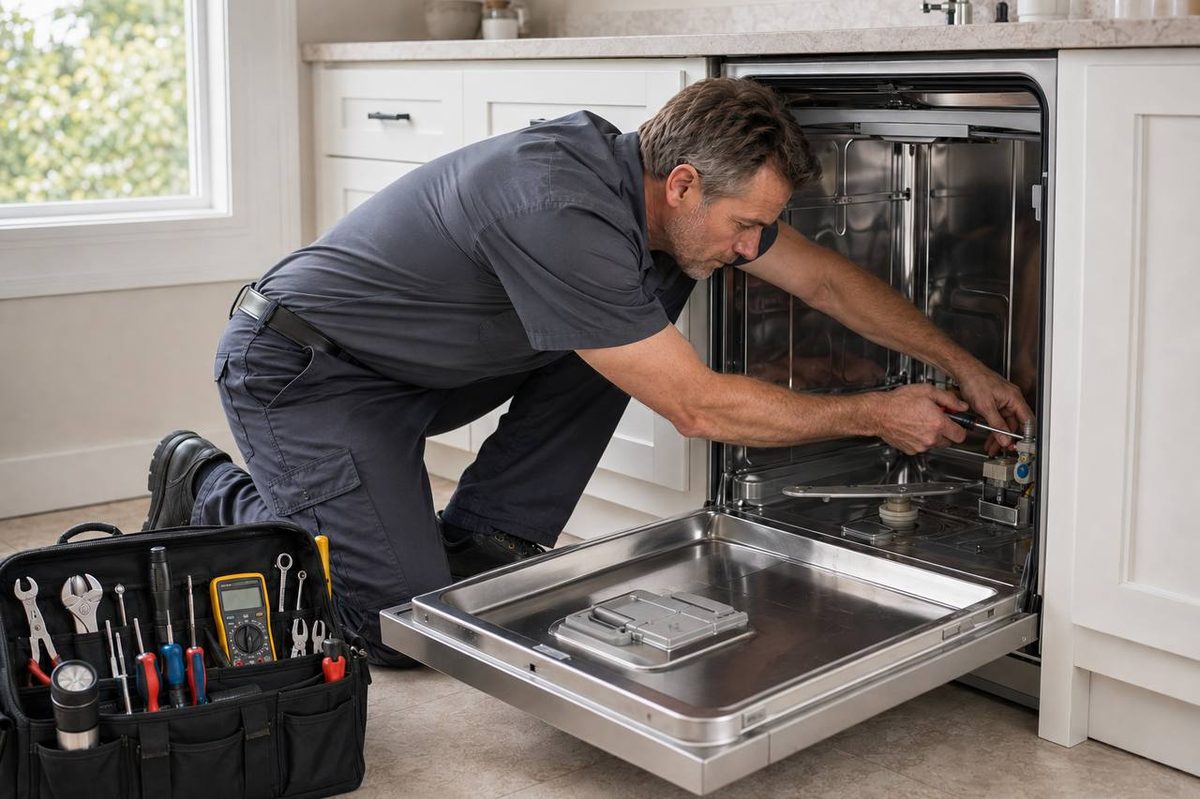 Neil reaching into an open dishwasher with the lower rack removed