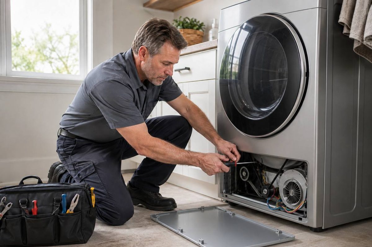 Neil kneeling at a dryer with the lower panel off, blower and belt exposed