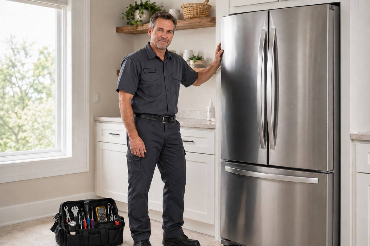 Neil standing beside a stainless French-door refrigerator, tool bag on the floor