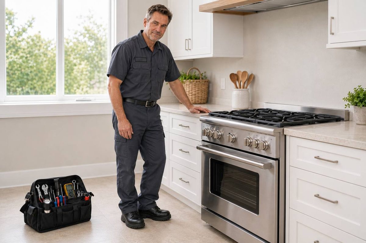 Neil beside a stainless gas range in a white kitchen