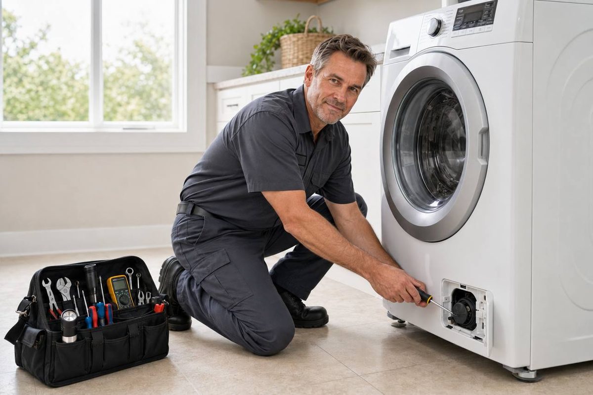 Neil opening the pump filter door of a front-load washer